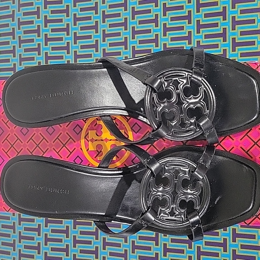 Tory Burch Geo Bombe Miller Leather Black Gold Heeled Sandals- Size 8.5 - Picture 11 of 15